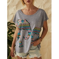 Elephant Print O-neck Short Sleeve Women Casual T-shirts