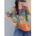 Floral Print Color Block Loose Round neck Short Sleeve Knitted T-Shirt