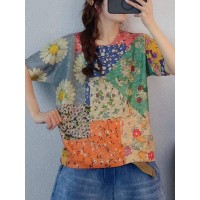 Floral Print Color Block Loose Round neck Short Sleeve Knitted T-Shirt