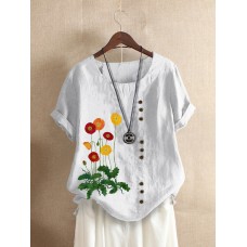 Flower Embroidery O-neck Short Sleeve Button Casual T-shirts For Women