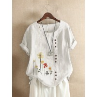 Flower Print Buttons Short Sleeve O-neck Casual T-shirts For Women