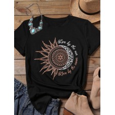 Sunflower Moon Print O-neck Short Sleeve Casual T-shirts For Women