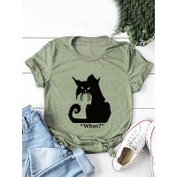 Women Cartoon Cat Letter Printed O-Neck Casual Short Sleeve T-Shirts
