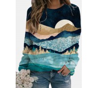 Women Casual Landscape Printed Colorful O-neck Long Sleeve Blouse