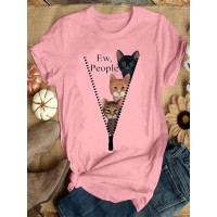 Women Cute Cartoon Cat Letter Print O-Neck Casual Short Sleeve T-Shirts