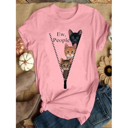 Women Cute Cartoon Cat Letter Print O-Neck Casual Short Sleeve T-Shirts