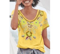 Women Ethnic Print Scoop Neck Short Sleeve Bohemian T-Shirts