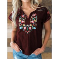 Women Floral Embroidery V-Neck Vintage Short Sleeve T-Shirts