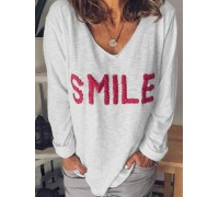 Women Letter Pattern Casual V-Neck Long Sleeve T-Shirts