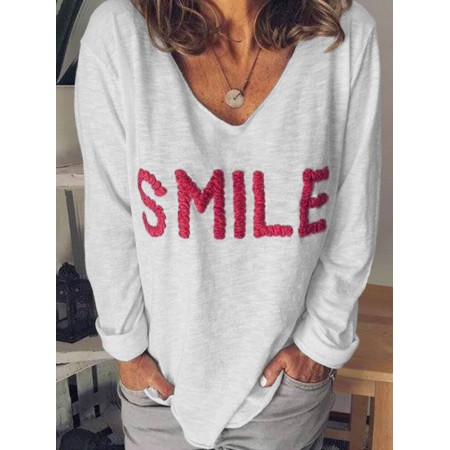 Women Letter Pattern Casual V-Neck Long Sleeve T-Shirts