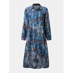 Vintage Graffiti Print Button Long Sleeve Casual Shirt Dress for Women