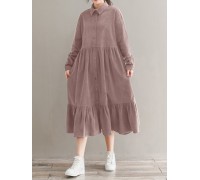 Women Corduroy CasualLace-up Ruffles Hem Loose Full Sleeve Mid-Calf Length Midi Dress