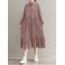 Women Corduroy CasualLace-up Ruffles Hem Loose Full Sleeve Mid-Calf Length Midi Dress