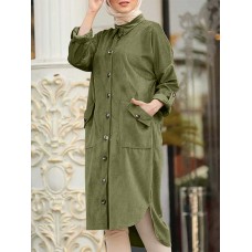 Women Corduroy Solid Moslem Style Collared Raglan Button Front High Low Dress