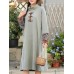 Women Embroidered Patchwork Frog Button Long Sleeve Retro Midi Dresses