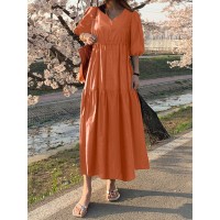 Women Lace up Solid Color Calf Length Drawstring Waist Midi Dresses