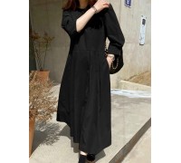 Women Long Sleeve Shirt Pockets Solid Ankle Length Midi Dresses