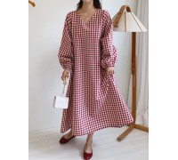 Women Plaid  Puff Long Sleeve Casual V-Neck Midi Dress