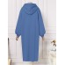 Women Puff Sleeve Solid Color Split Side Pockets Hooded Maxi Length Loose Drawstring Midi Dresses