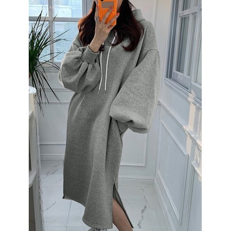 Women Puff Sleeve Solid Color Split Side Pockets Hooded Maxi Length Loose Drawstring Midi Dresses