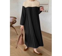 Women Solid Patchwork Pleats Long Sleeve Mid-Calf Length Casual Dresses