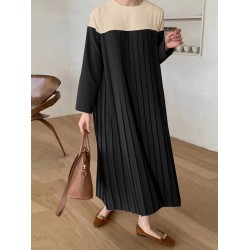 Women Solid Patchwork Pleats Long Sleeve Mid-Calf Length Casual Dresses
