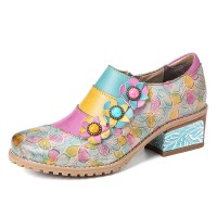 Bohemian Bloom Polychromatic Embossed Flower Splicing Floral Genuine Leather Pumps