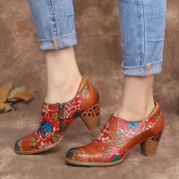 Leather Floral Splicing Stitching Zipper Chunky Heel Pumps Dress Shoes