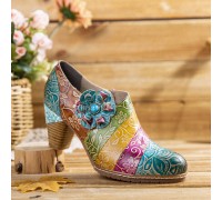 Retro Floral Leather Splicing Zipper Chunky Heel Pumps Dress Shoes