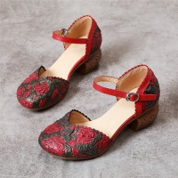 Retro Leather Embossed Floral Buckle Ankle Strap Block Heel D'orsay Pumps