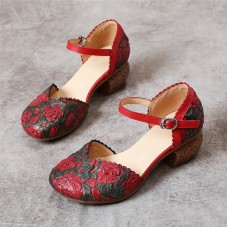 Retro Leather Embossed Floral Buckle Ankle Strap Block Heel D'orsay Pumps