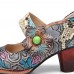 Retro Leather Floral Splicing Snakeskin Round Toe Chunky Heel Pumps