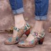 Retro Leather Floral Splicing Snakeskin Round Toe Chunky Heel Pumps