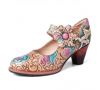 Retro Leather Floral Splicing Snakeskin Round Toe Chunky Heel Pumps