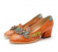 Retro Splicing Floral Leather Slip On Block Heel Pumps Dress Shoes