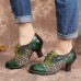 Vintage Leather Floral Plaid Splicing Lace-up Green Chunky Heel Pumps