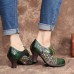 Vintage Leather Floral Plaid Splicing Lace-up Green Chunky Heel Pumps