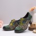 Vintage Leather Floral Plaid Splicing Lace-up Green Chunky Heel Pumps