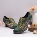 Vintage Leather Floral Plaid Splicing Lace-up Green Chunky Heel Pumps