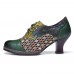 Vintage Leather Floral Plaid Splicing Lace-up Green Chunky Heel Pumps