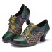 Vintage Leather Floral Plaid Splicing Lace-up Green Chunky Heel Pumps
