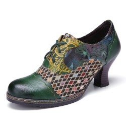 Vintage Leather Floral Plaid Splicing Lace-up Green Chunky Heel Pumps