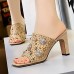 Women Elegant Suede Rhinestone Metal Revit Peep Toe Chunky Heel Stripe Slippers