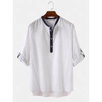 Mens 100% Cotton Stand Collar Three Quarter Sleeve Casual Henley Shirts