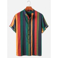 Mens Cotton Colorful Striped Henley Collar Short Sleeve Shirts