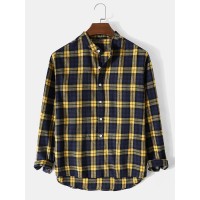 Mens Plaid Stand Collar High Low Cotton Long Sleeve Henley Shirts
