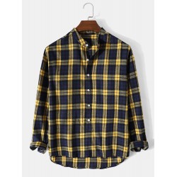 Mens Plaid Stand Collar High Low Cotton Long Sleeve Henley Shirts