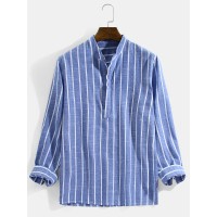 Mens Vertical Striped Stand Collar Cotton Casual Long Sleeve Henley Shirts