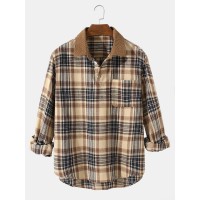 Mens Vintage Plaid Casual Fit Cotton Long Sleeve Henley Shirts With Pocket