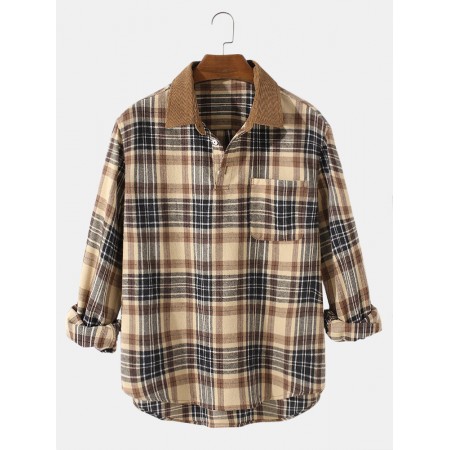 Mens Vintage Plaid Casual Fit Cotton Long Sleeve Henley Shirts With Pocket